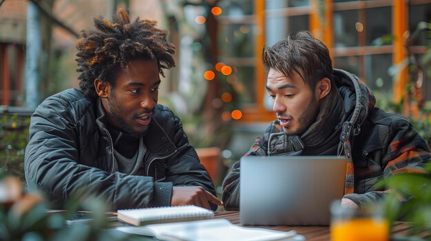 Una pareja de mentores que se identifican como LGBTQ discutiendo objetivos y estrategias profesionales en un ambiente de oficina acogedor con una computadora portátil abierta y cuadernos en el escritorio IA generativa