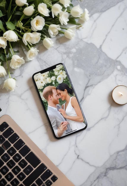 una pareja en una mesa de mármol con flores y una imagen de una pareja en ella