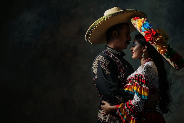 pareja mexicana en trajes tradicionales mexicanos cinco de mayo fondo con espacio de copia