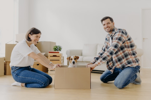 Pareja milenaria positiva juega con tu mascota favorita, diviértete mientras te mudas a un nuevo apartamento