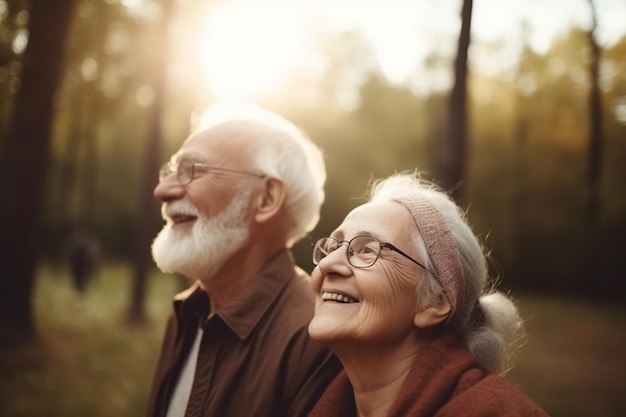 Una pareja mira el sol en un bosque.