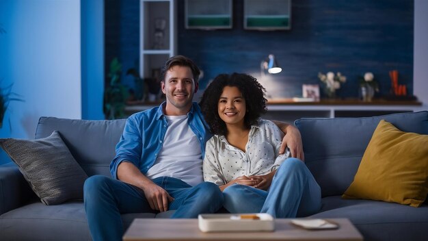 Una pareja mira la televisión en la sala de estar.