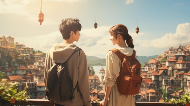 una pareja mirando el cielo con el fondo de una ciudad.