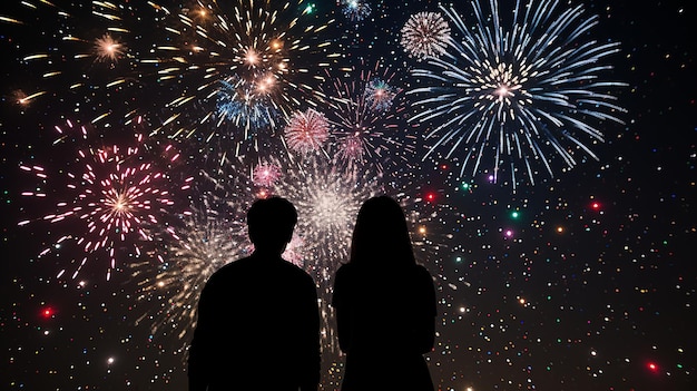 una pareja mirando fuegos artificiales con fuegos artificials detrás de ellos.