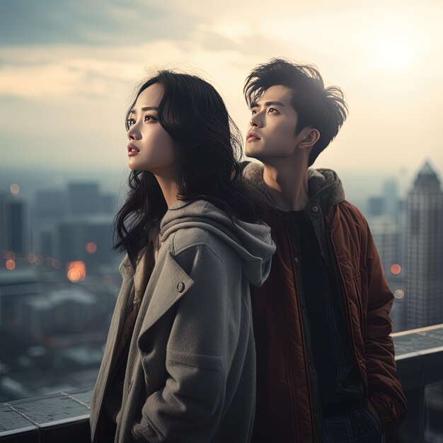 una pareja mirando el horizonte de la ciudad