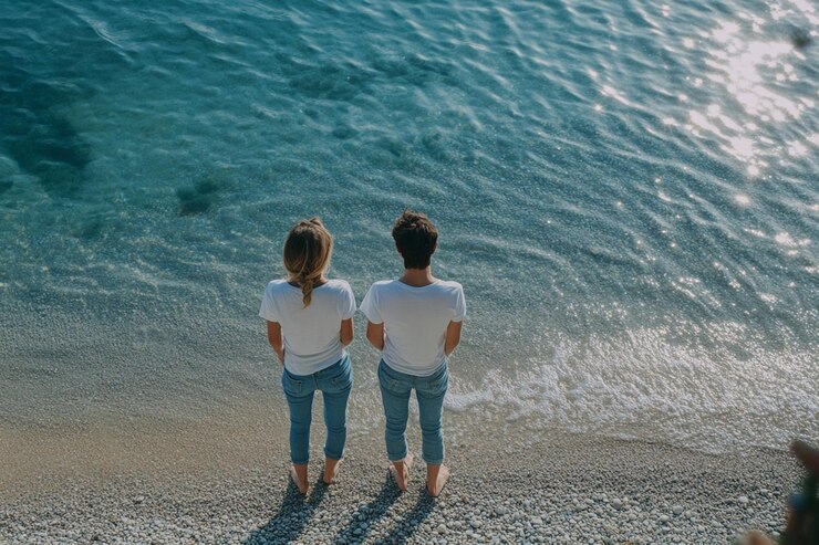 una pareja mirando hacia el mar desde la playa