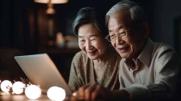 Una pareja mirando una tableta con una luz encendida en la pantalla