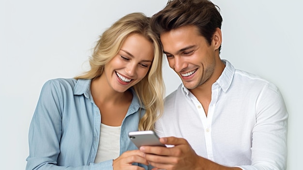 Una pareja mirando un teléfono y sonriendo.