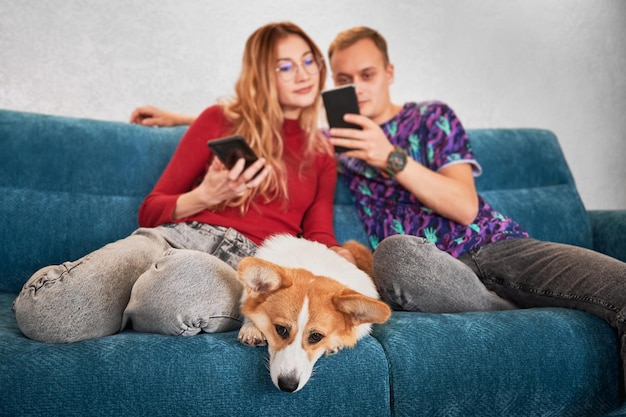 Pareja mirando teléfonos inteligentes sentados en el sofá con perro