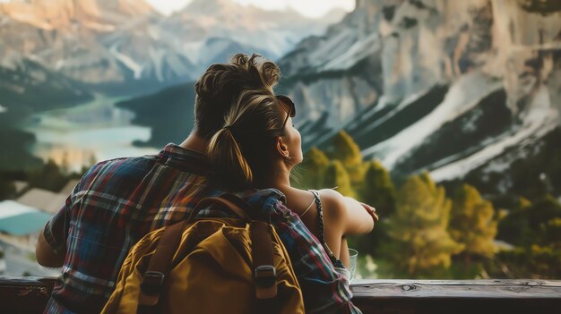 Foto una pareja mirando por una ventana con montañas en el fondo