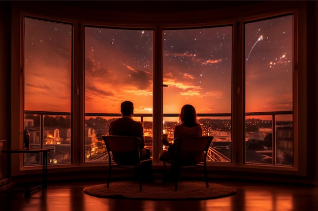 Una pareja mirando por la ventana por la noche