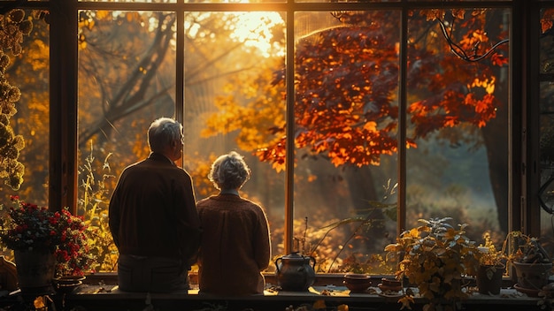 una pareja mirando por una ventana con el sol detrás de ellos