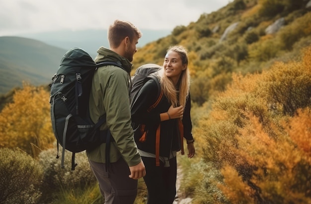 Pareja mochila senderismo Vacaciones naturaleza Generar Ai