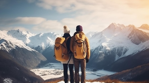 pareja con mochilas disfrutando de vistas a la montaña durante el invierno