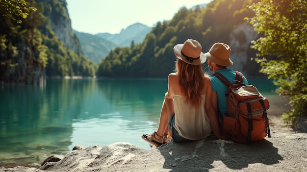 Foto una pareja con mochilas sentada en la orilla de un lago de montaña