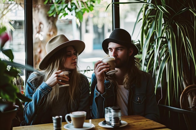 Una pareja de moda bebiendo latte en una cafetería hipster