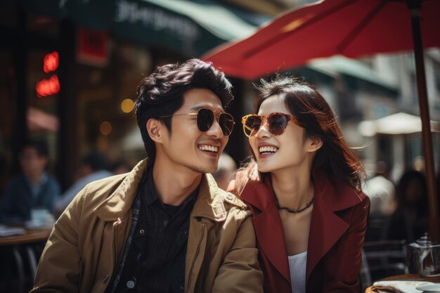 Una pareja de moda sonriente con gafas de sol en una cafetería al aire libre