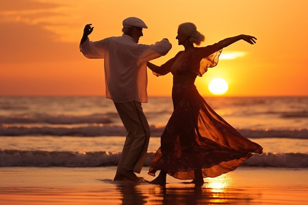 Pareja de modelos mayores bailando en la playa al atardecer IA generativa