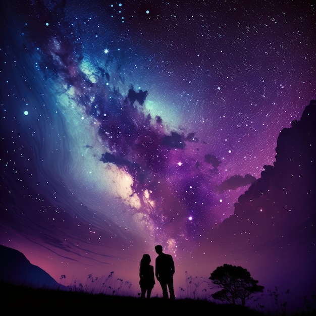 Foto pareja en las montañas contemplando las estrellas en el cielo nocturno creado con tecnología generativa de inteligencia artificial