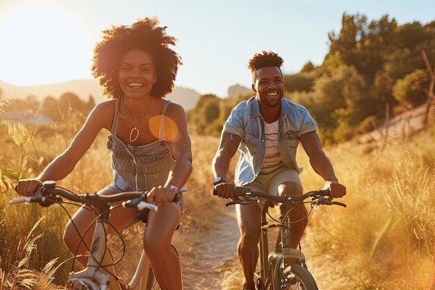 Foto pareja montando bicicletas en el sol