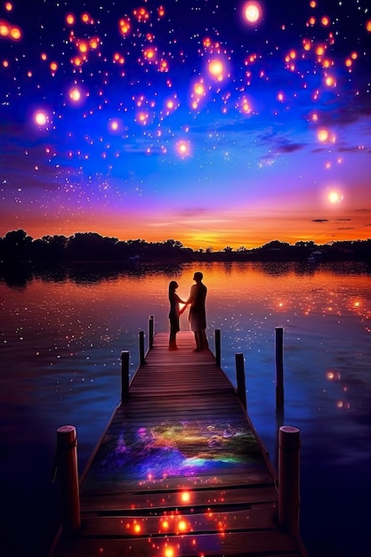 Foto una pareja en un muelle bajo las estrellas.