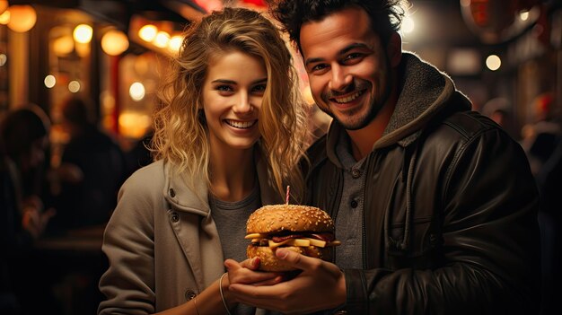 una pareja de mujer y hombre celebran el aniversario con una hamburguesa y una vela en el centro comercial