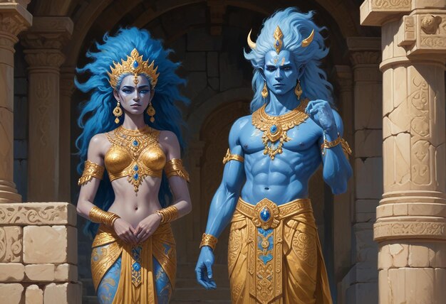 Foto una pareja de mujeres con cabello azul y el cuerpo azul de la hembra