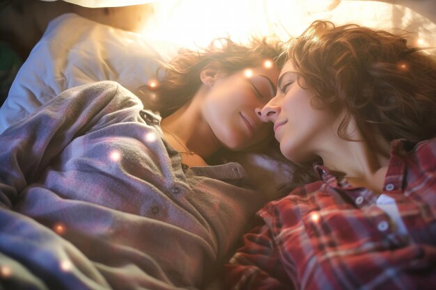 Foto pareja de mujeres espirituales enamoradas por la mañana en la cama concepto lgbt amor y romance de dos personas ternura y relajación buenas mañanas para los amantes lesbianas