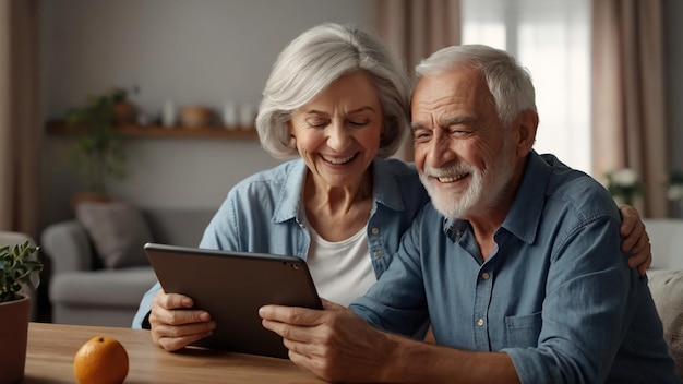 Foto pareja de mujeres y hombres mayores felices con una tableta juntos