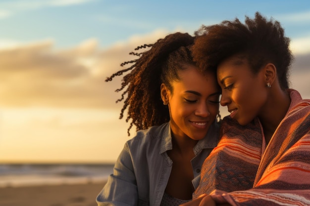 Una pareja de mujeres homosexuales abrazándose en una playa tropical al atardecer lesbianas casadas afroamericanas