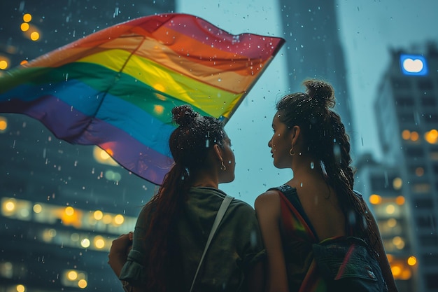 Una pareja de mujeres jóvenes caminando y llevando una bandera LGBTI.