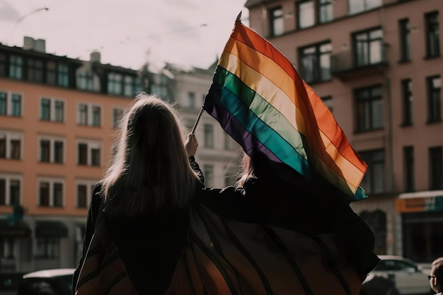 Pareja de mujeres orgullosamente sosteniendo una bandera del arco iris en una ciudad creada con tecnología de IA generativa