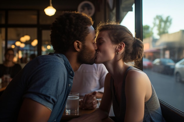 Pareja multicultural amantes besándose en un café a la luz del día cita romántica de personas mixtas