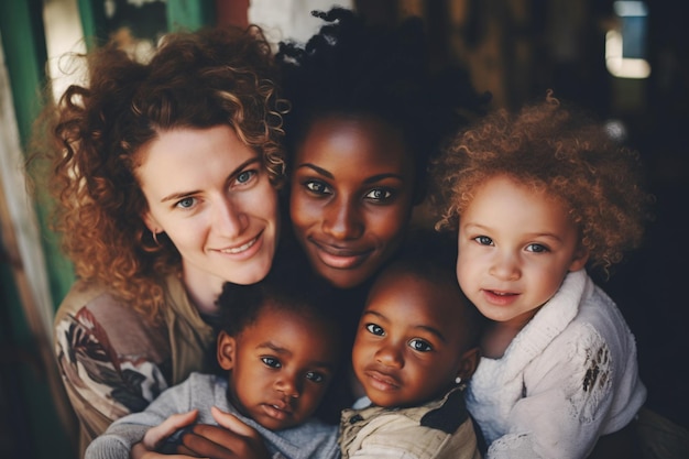 Una pareja multiétnica feliz de mujeres jóvenes con sus hijos