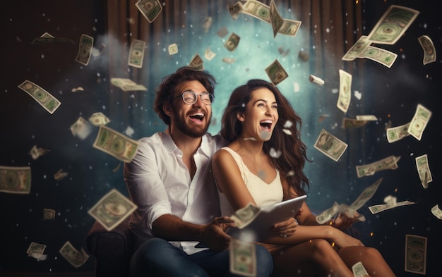 Pareja multimillonaria gana la lotería éxito en el negocio y concepto de lluvia de dinero