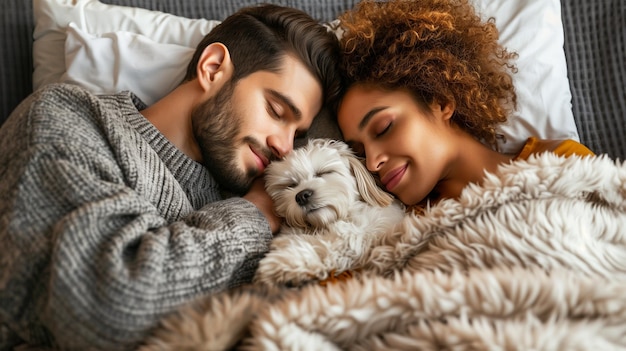 Una pareja multirracial durmiendo dulcemente en la cama abrazándose con su perro entre ellos.