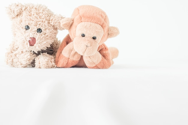 Pareja de muñecas en relación, mono y oso de peluche es mejores amigos. Pareja de enamorados en el fondo blanco