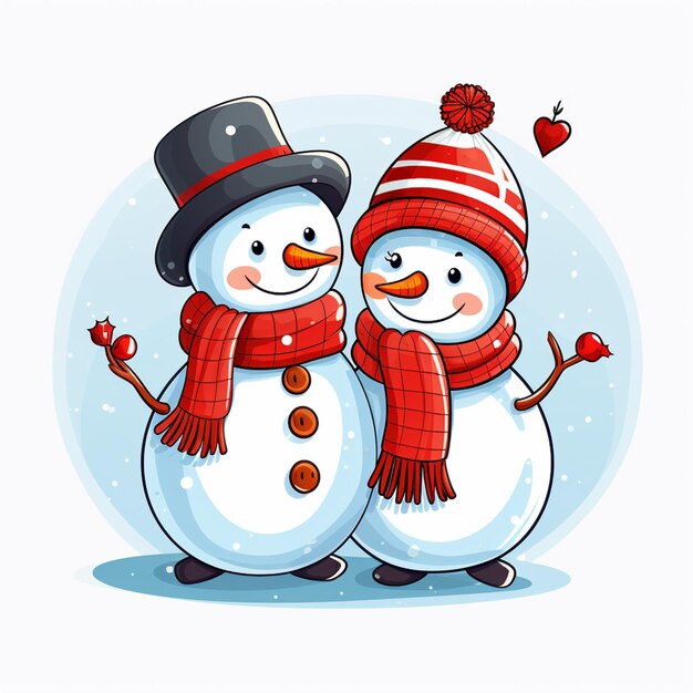 pareja de muñecos de nieve de dibujos animados en ropa de invierno y sombrero con corazón generativo ai
