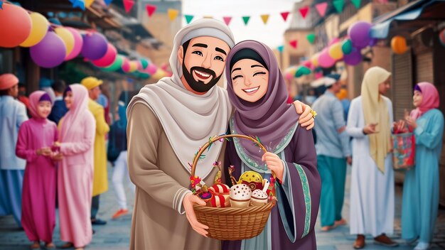 Foto una pareja musulmana celebra el eid al-fitr