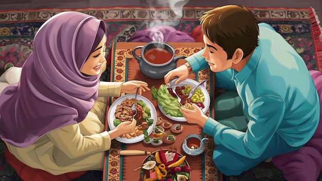 Una pareja musulmana comiendo