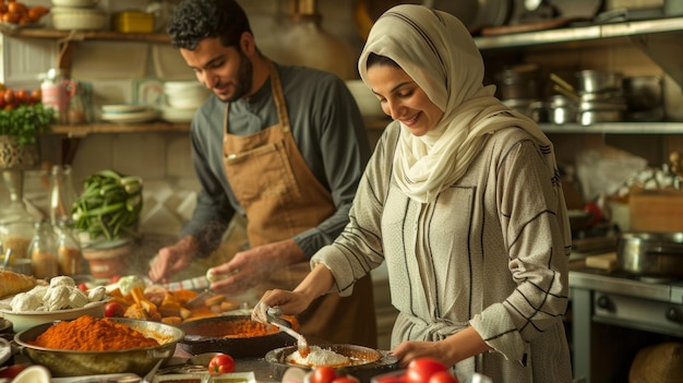 Una pareja musulmana prepara comida tradicional durante el Eid al-Adha
