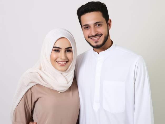 Pareja musulmana con ropa tradicional musulmana sonriendo mirando a la cámara aislada sobre fondo blanco