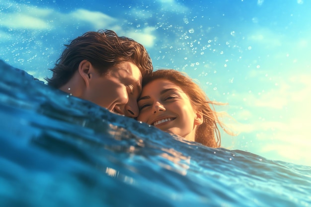 Una pareja nada en el océano, con el agua salpicando a su alrededor.