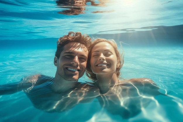 Una pareja nada en una piscina con el sol en la cara.