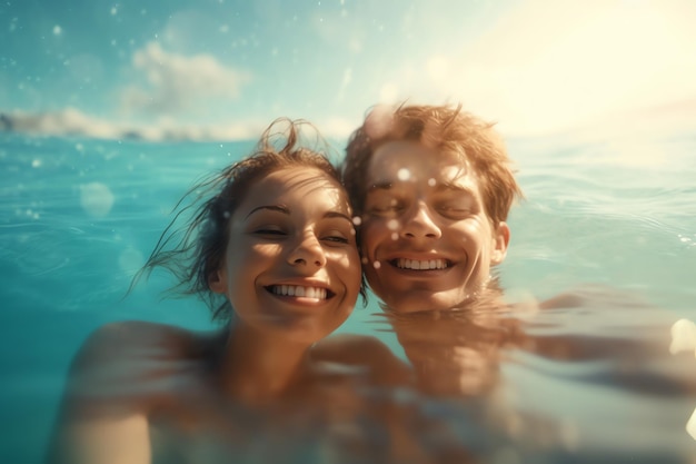 Una pareja nada en una piscina con el sol en la cara.