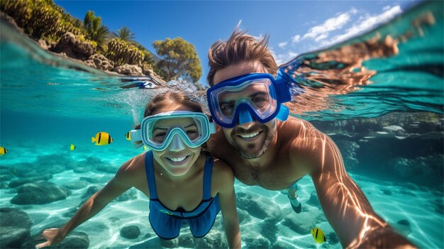 Pareja nadando en el océano con máscara de snorkel