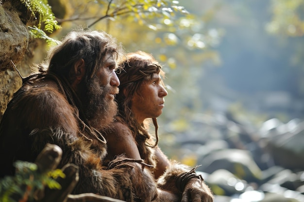 Una pareja de neandertales sentada en la naturaleza