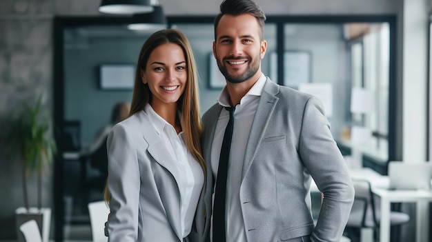 Una pareja de negocios posando en el telón de fondo de la oficina con la IA generativa del espacio