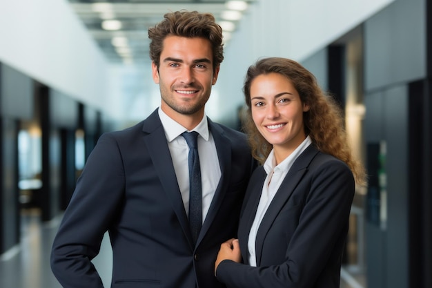 Pareja de negocios sonriendo en una oficina