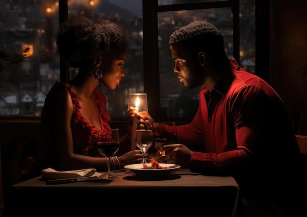 Una pareja negra disfrutando de una cena romántica.